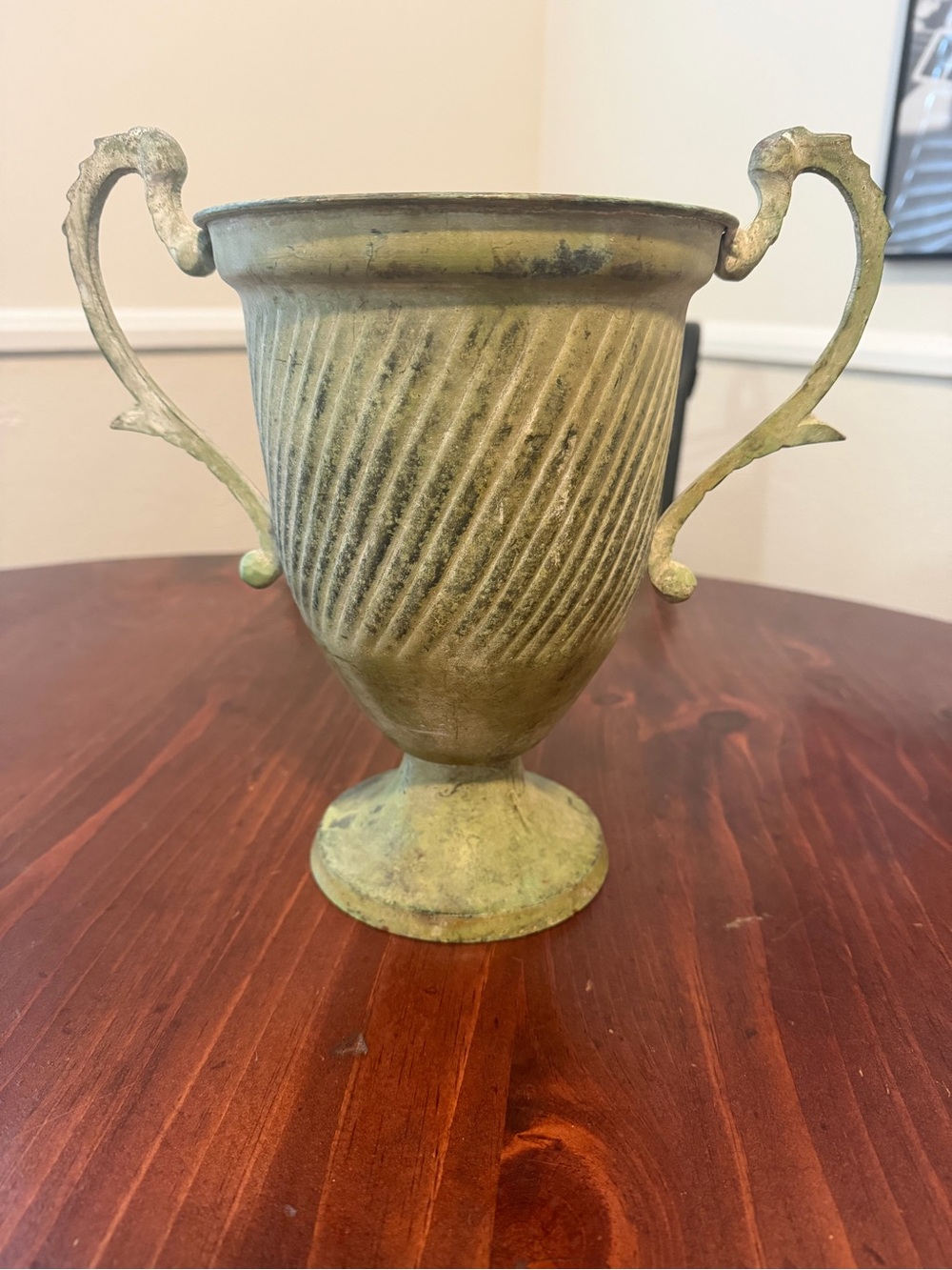 Vintage 9” Ornate Metal Urn Vase 10” Wide Green Patina Decorative Classical Hand